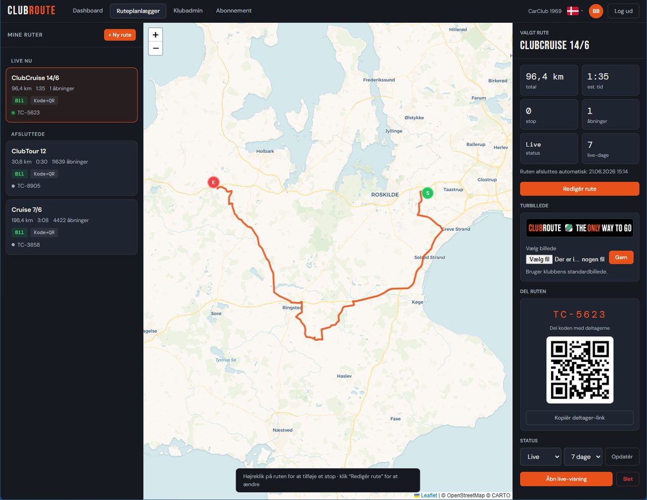 ClubRoute ruteplanlægger på web